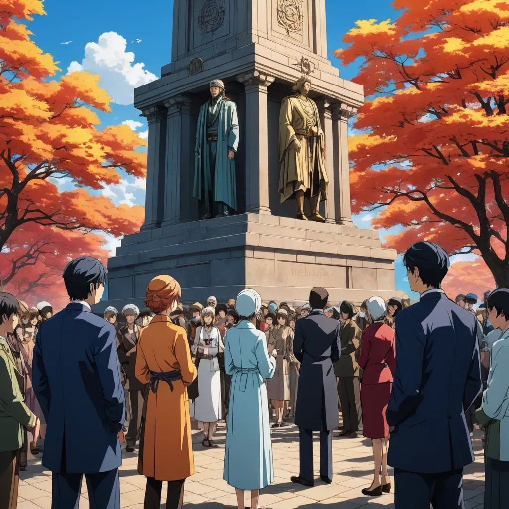 a group of people standing around a statue in a park with trees in the background and a sky with clouds, socialist realism, a statue, Bourgeois, official art