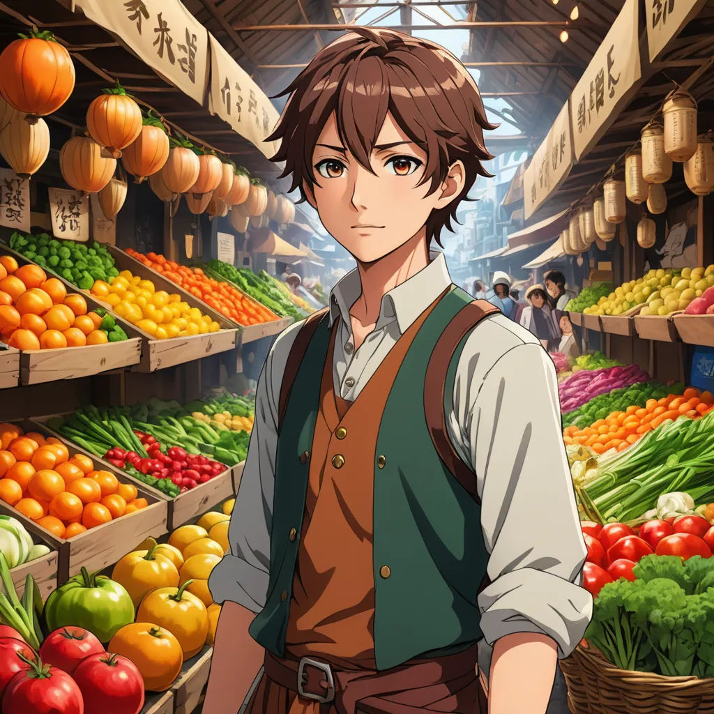 a man standing in front of a display of vegetables and fruits in a market area with a man in a brown vest, remodernism, concept art, Adam Manyoki, official art