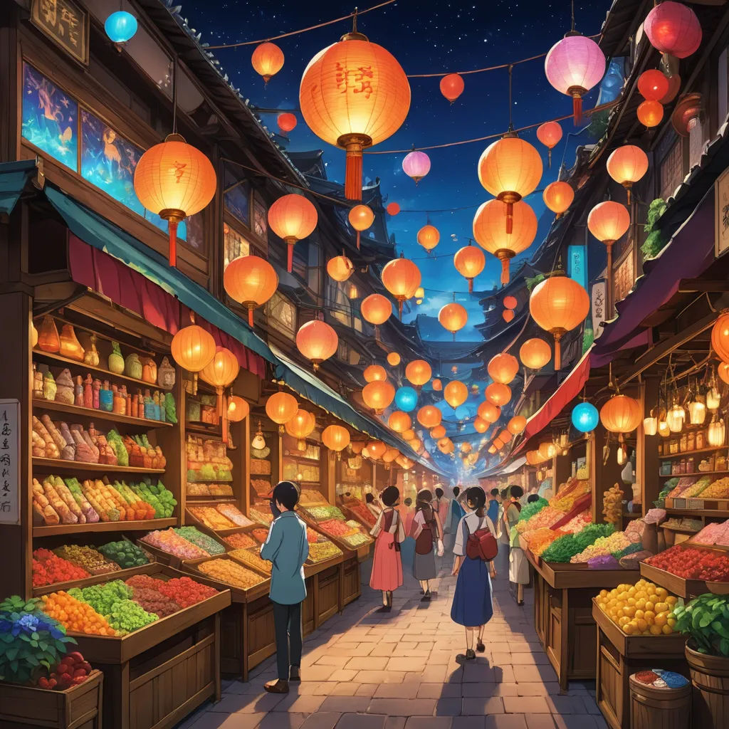 a painting of a market with people shopping in it and lanterns hanging from the ceiling above them and a woman looking at the food, magical realism, a detailed matte painting, Evgeny Lushpin, official art