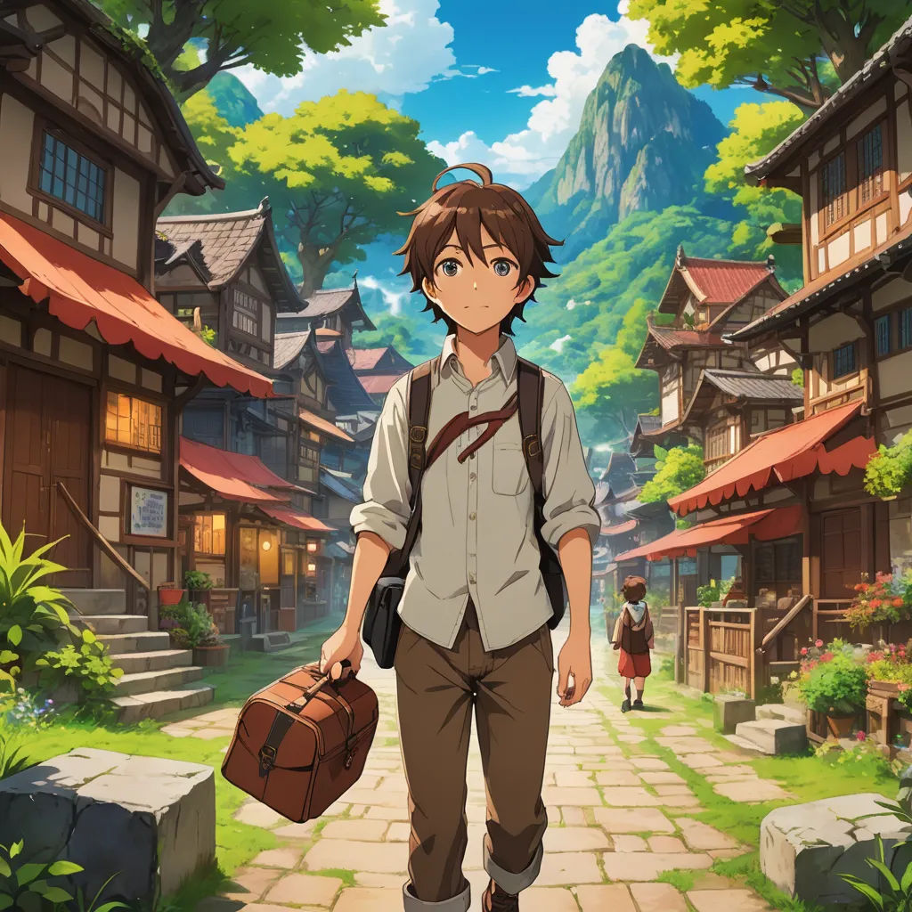 a man with a suitcase walking down a street in front of a mountain range and houses in the background, magical realism, a detailed matte painting, Cedric Seaut (Keos Masons), anime key visual