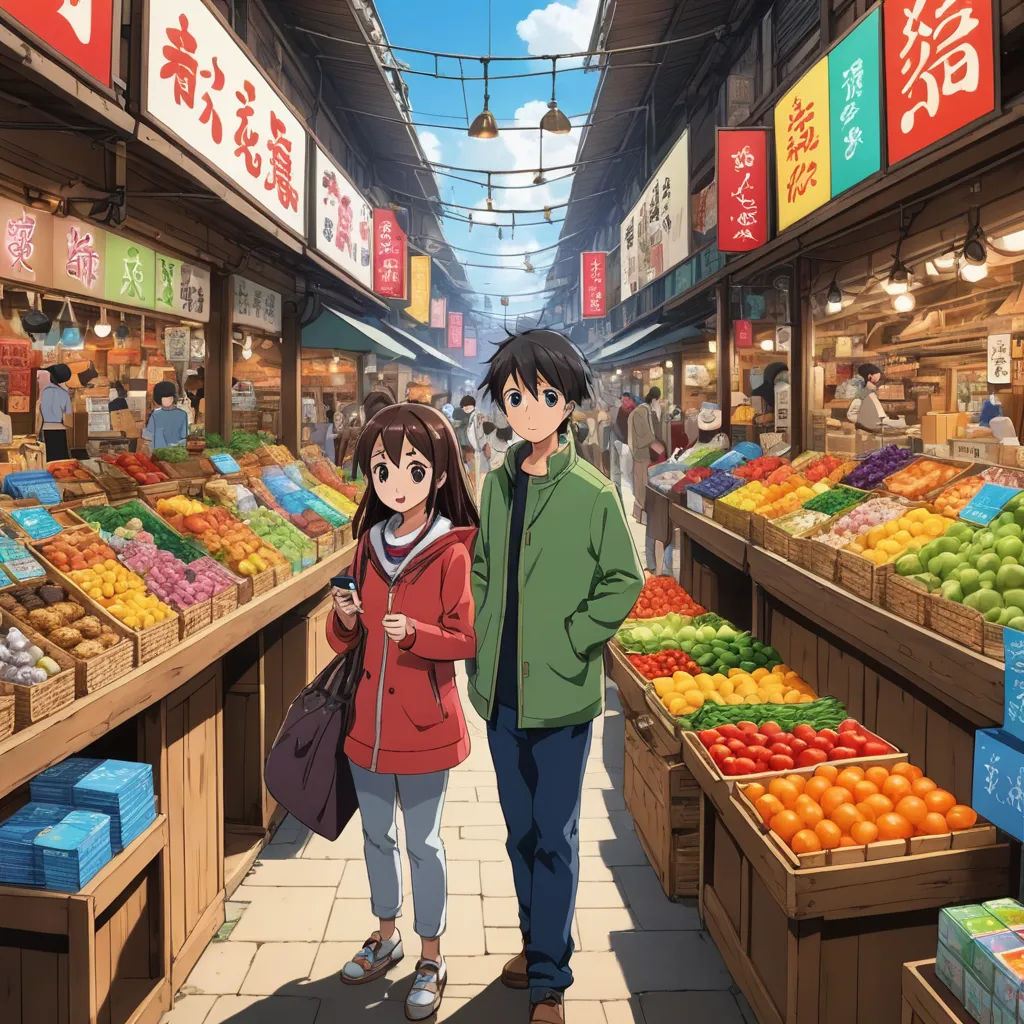 a man and a woman standing in a market with fruit and vegetables on display in the background, and a man and woman standing in front of the market, rayonism, concept art, Ai-Mitsu, kyoto animation
