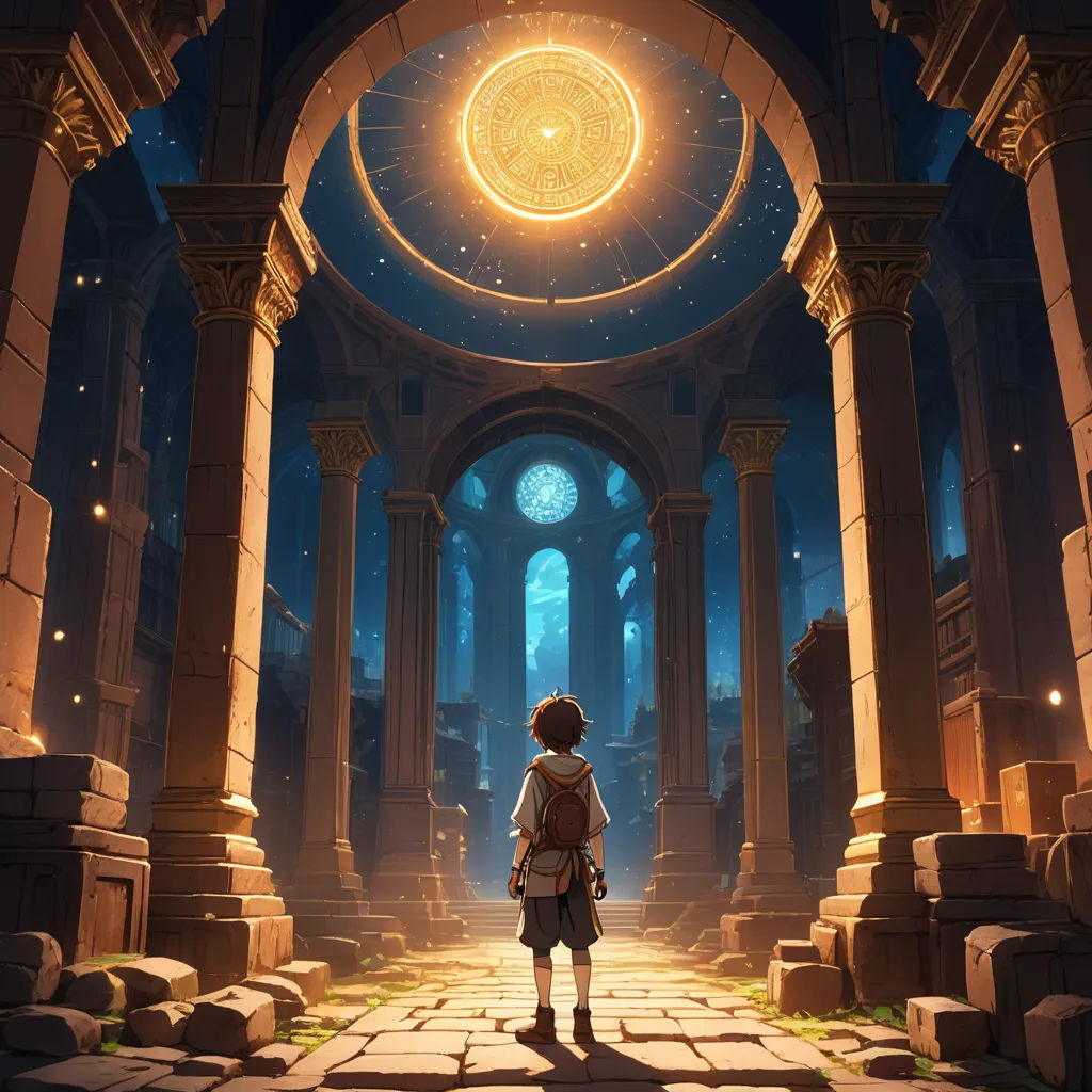 a person standing in a room with columns and a sun in the sky above them, and a doorway leading to a doorway, fantasy art, concept art, Cedric Seaut (Keos Masons), rossdraws global illumination