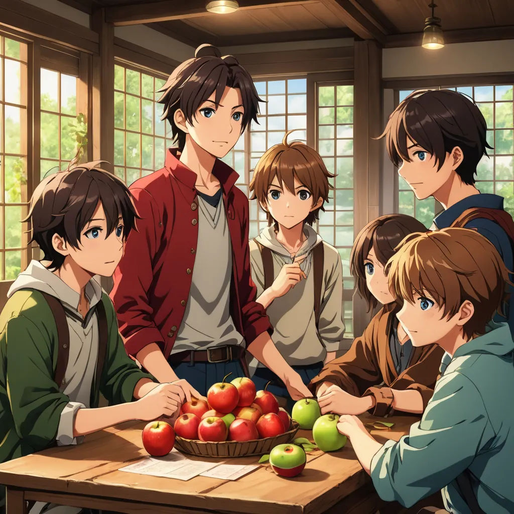 a group of people standing around a table with apples and vegetables on it in front of a window with a person standing in front of them, sots art, a stock photo, Anne Said, official art
