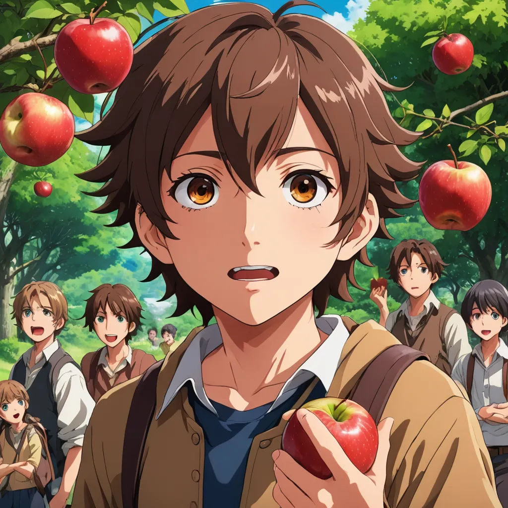 a boy holding an apple in front of a group of people in the background with apples on the tree, precisionism, an album cover, Aya Goda, official art
