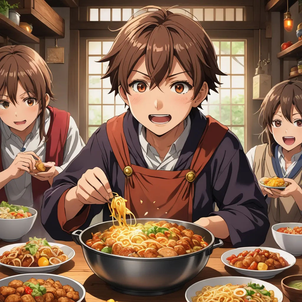 a group of people standing around a table filled with food and bowls of food on it, with a man eating noodles, sots art, concept art, Aya Goda, official art
