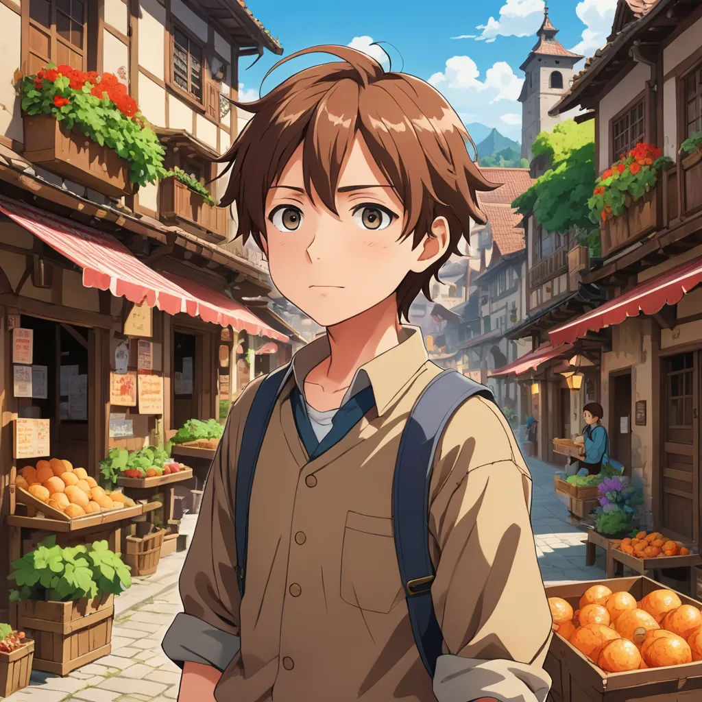 a man standing in front of a market filled with oranges and other fruit items in a city street, sots art, concept art, Cedric Seaut (Keos Masons), official art
