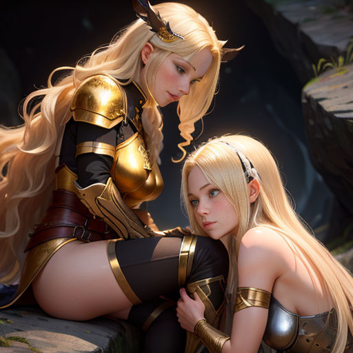 two women dressed in armor sitting on a rock together, one of them is holding the other's arm