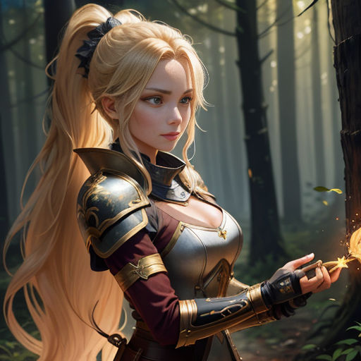 a woman in a costume holding a wand in a forest with a tree in the background and a light shining in her hand