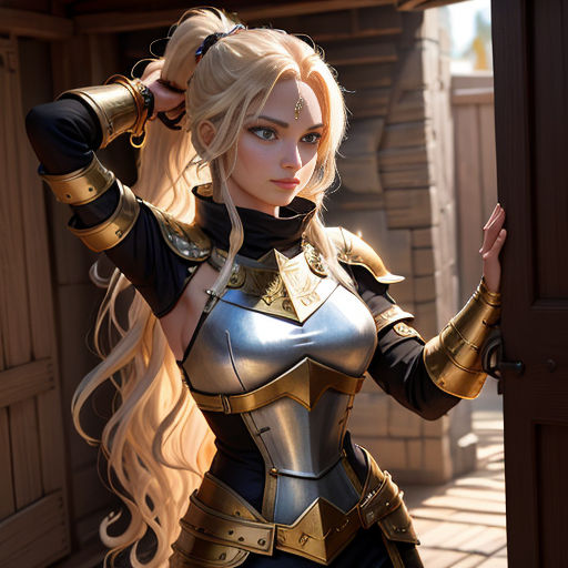 a woman dressed in a costume standing next to a door with long blonde hair and a ponytail in her hair