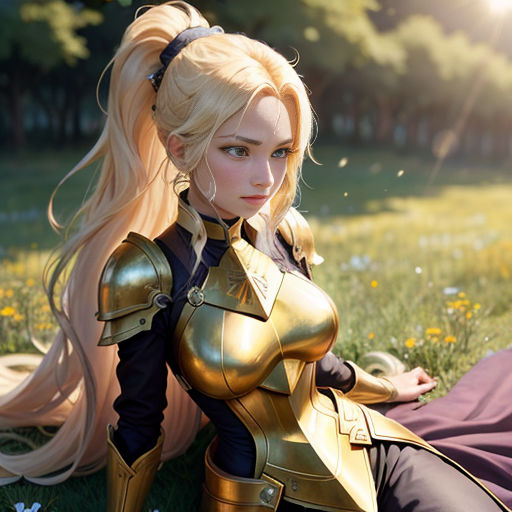 a woman in a costume sitting on the grass with a sword in her hand and a flower in her hand