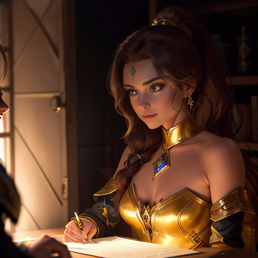 a woman in a golden outfit writing on a piece of paper with a pen in her hand and a man in a suit behind her