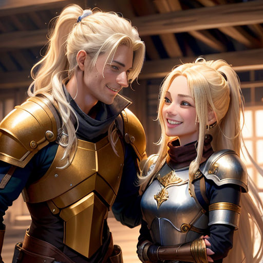 a couple of people that are standing together in costume and armors and smiling at each other with a building in the background