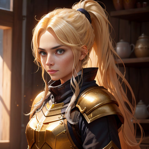 a woman in a golden outfit with long blonde hair and a ponytail in a room with a window and shelves