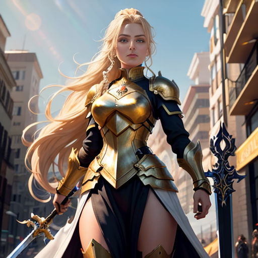 a woman in a gold and black outfit holding a sword and a sword in her hand and a sword in her other hand