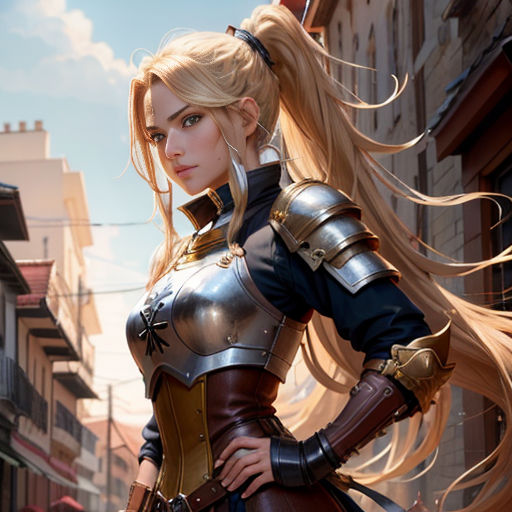 a woman in a cosplay outfit standing in a street with long blonde hair and a sword in her hand