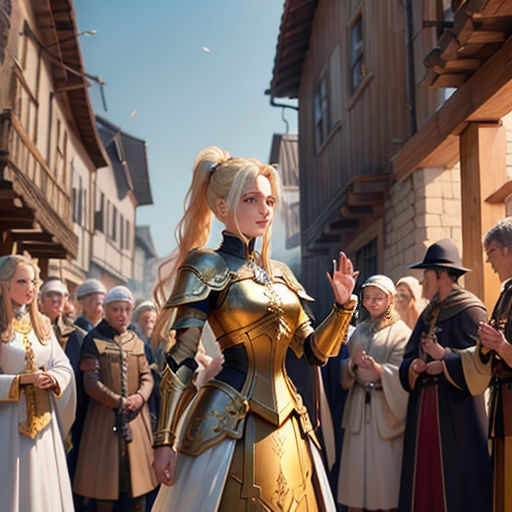 a woman in a costume standing in front of a crowd of people in medieval dress and holding a sword