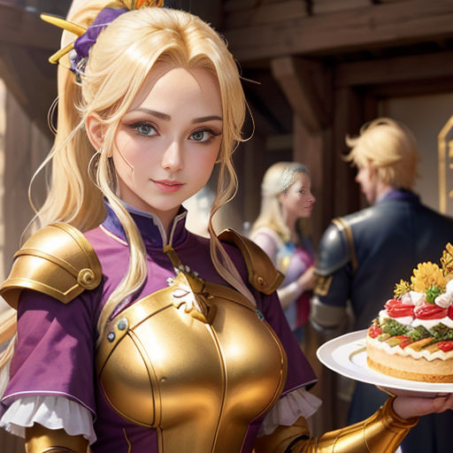 a woman in a costume holding a cake on a plate in front of a crowd of people in costume