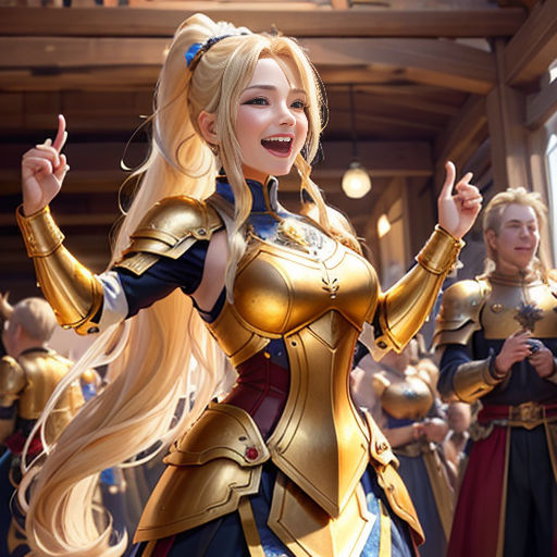 a woman in a costume standing in front of a group of people in armors and holding a sword