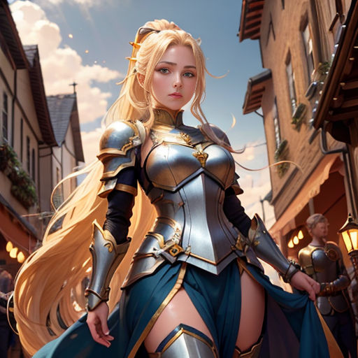 a woman in a costume standing in a street with a sword in her hand and a sword in her hand