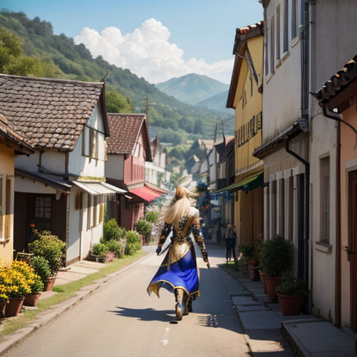 a woman dressed in a costume walking down a street in a village with mountains in the background and a blue dress