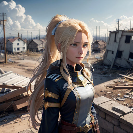 a woman in a uniform standing in a destroyed area with a building in the background and a sky in the background