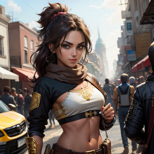 a woman in a costume standing on a street next to a man in a suit and a helmet on