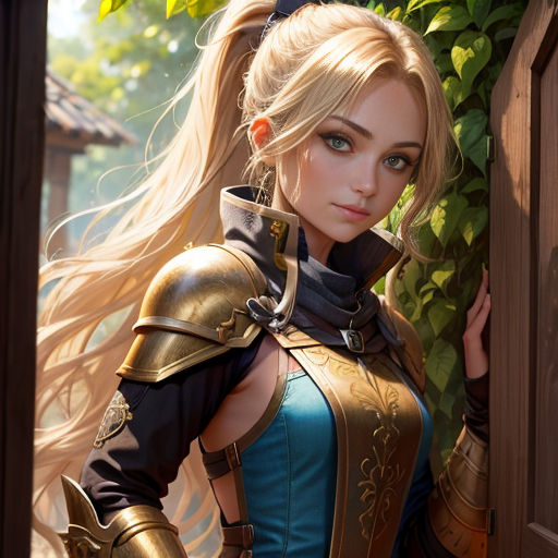 a woman in a costume standing next to a door with a green bush behind her and a green bush behind her