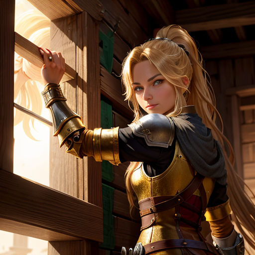 a woman dressed in a costume holding a sword and looking out a window at the camera while standing in a wooden room