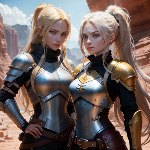 two women in armor standing next to each other in a desert area with rocks and cliffs in the background