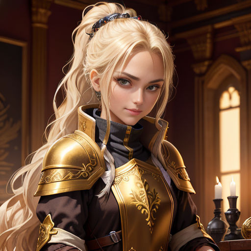 a woman in a golden outfit holding a sword and a candle in her hand in a room with windows