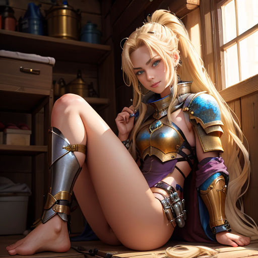 a woman in a costume sitting on the floor with a knife in her hand and a knife in her hand