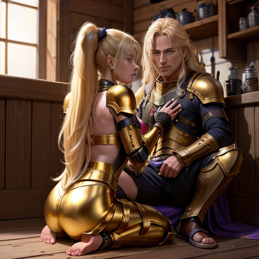 a man and a woman dressed in armor sitting on a floor next to each other in a kitchen area