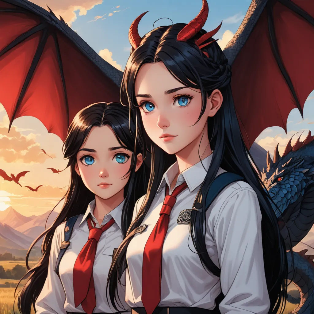 two girls with dragon wings and a red tie are standing next to each other in front of a sunset, fantasy art, a manga drawing, Artgerm, stanley artgerm lau
