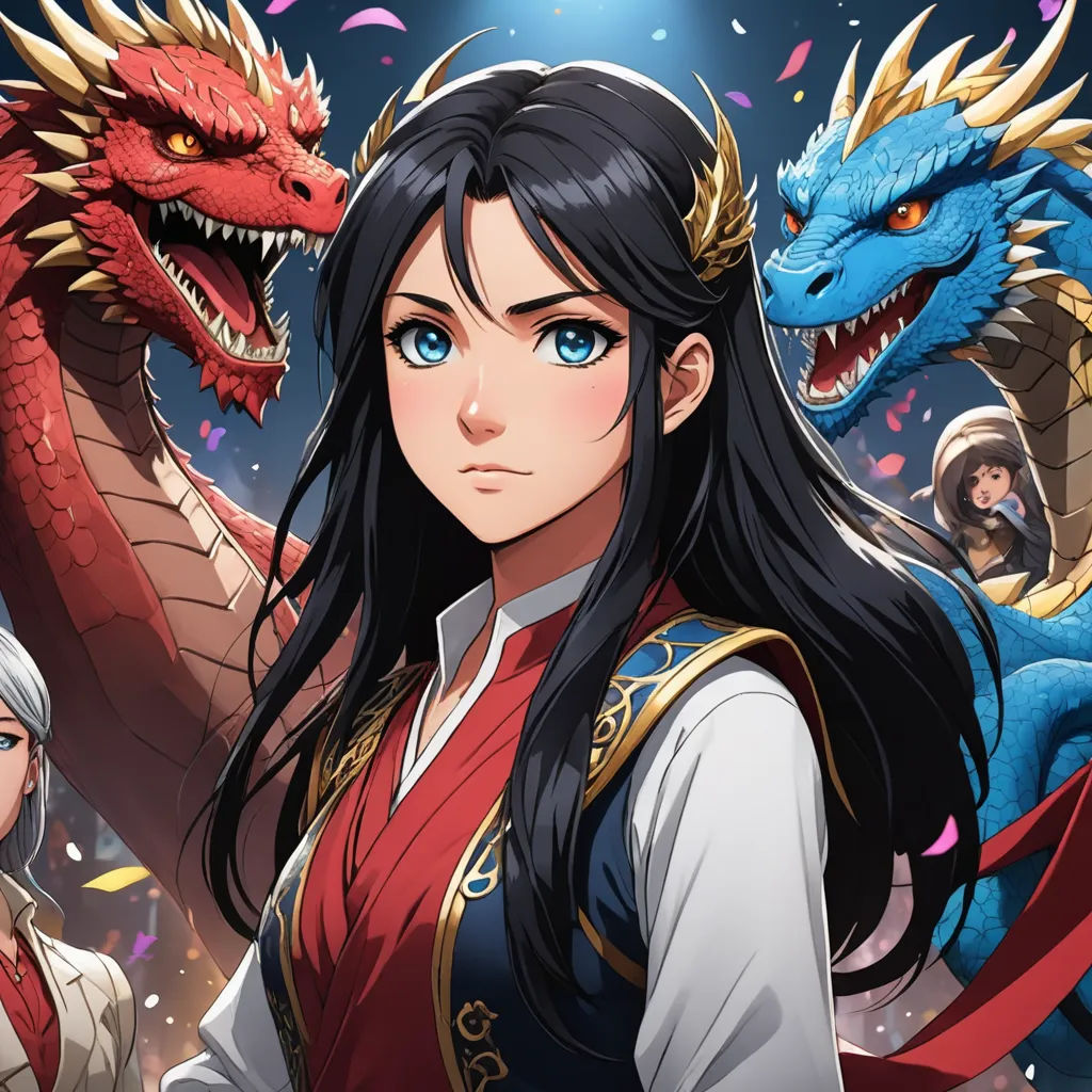 a woman in a red dress and a dragon in front of her, with a red cape on her head, fantasy art, a character portrait, Artgerm, dragon art