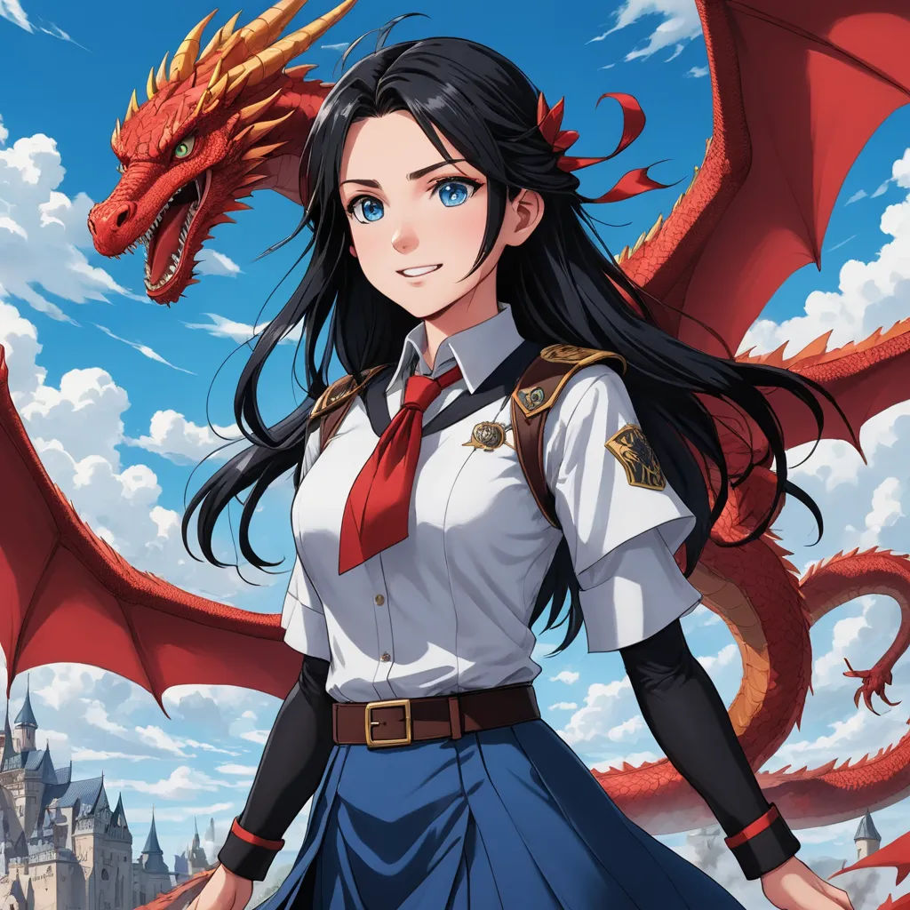 a woman in a uniform standing next to a dragon on a cloudy day with a castle in the background, fantasy art, a character portrait, Artgerm, official art