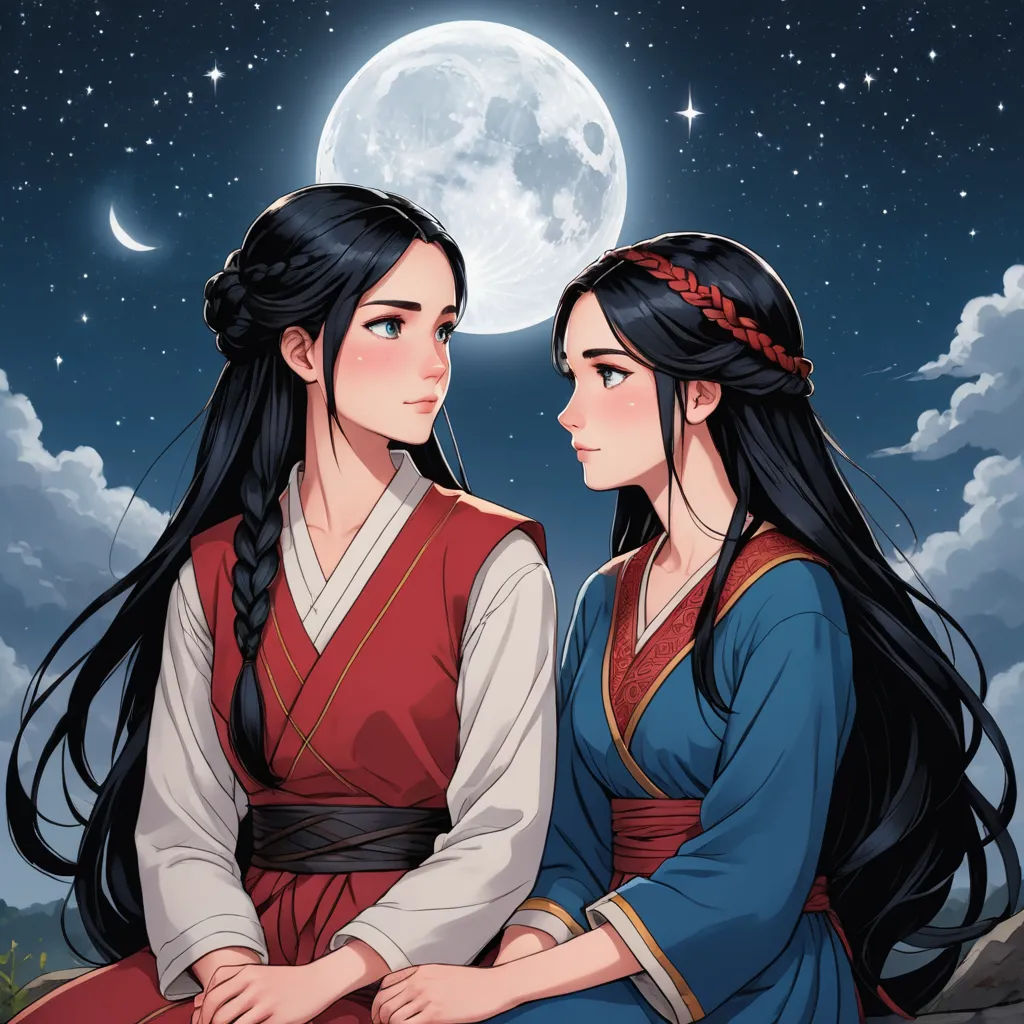 two asian women sitting on a rock under a full moon sky with a full moon behind them and a full moon behind them, fantasy art, a storybook illustration, Fan Qi, official art