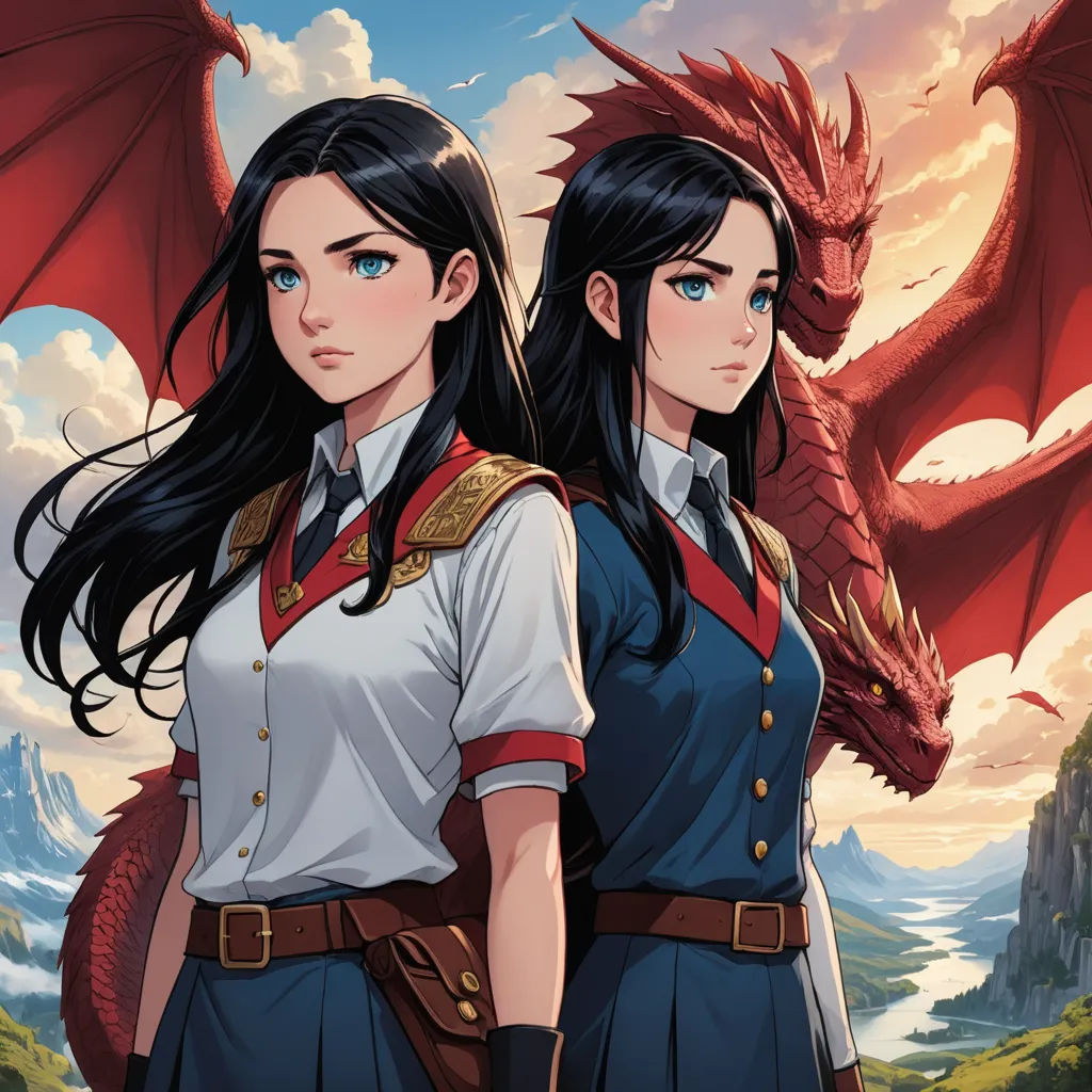 two girls in uniform standing next to each other with a dragon in the background of the picture and a mountain, fantasy art, poster art, Artgerm, official art