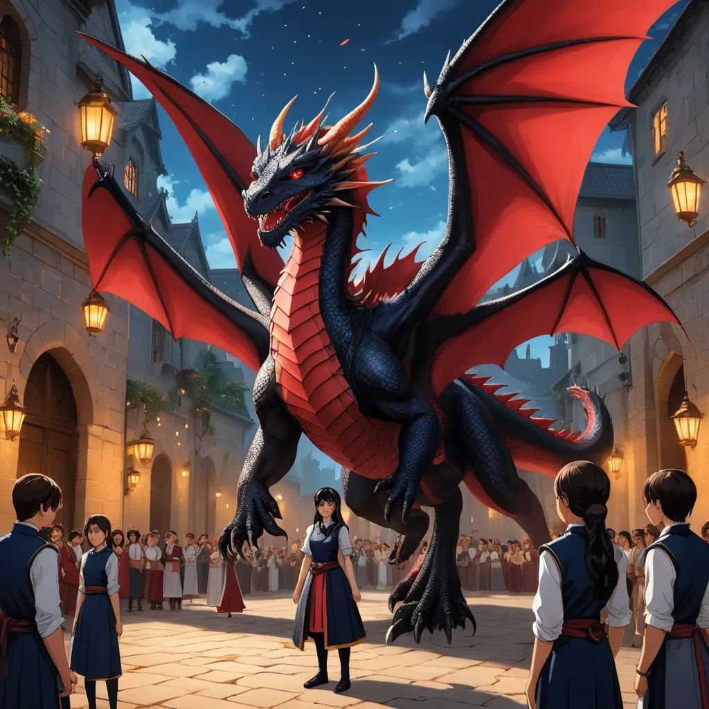 a dragon is standing in front of a group of people in a courtyard at night with a castle in the background, fantasy art, a storybook illustration, Clint Cearley, official art