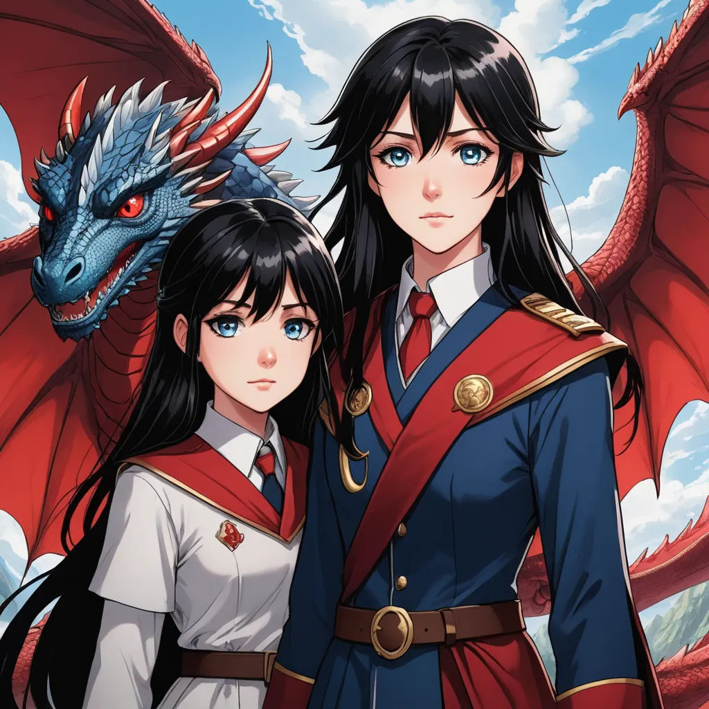 a couple of anime characters standing next to each other with a dragon in the background of them and a sky background, fantasy art, a manga drawing, Artgerm, official art