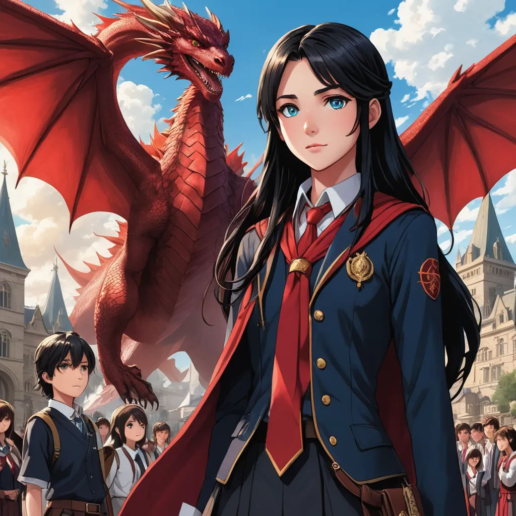 a girl in a red cape and a dragon in the background with a group of people in the background, fantasy art, concept art, Cedric Seaut (Keos Masons), official art
