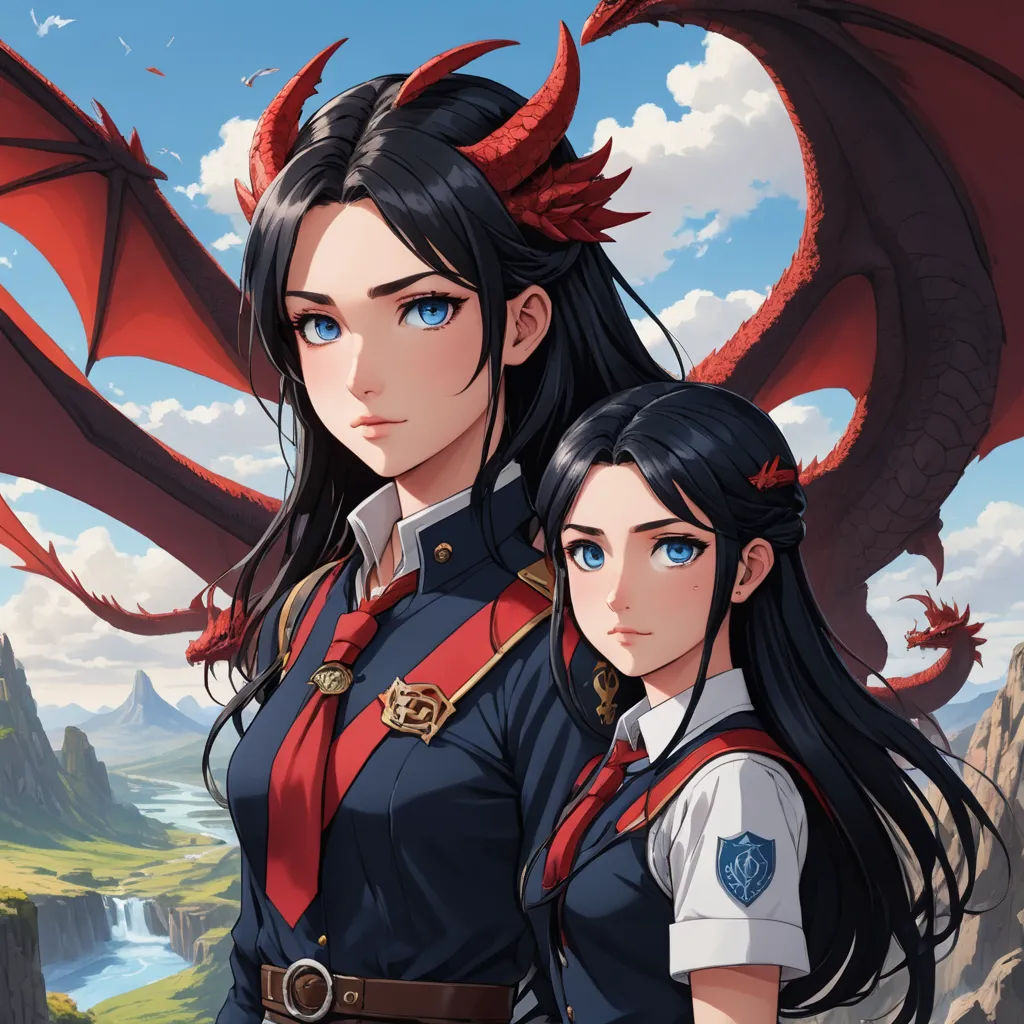 a couple of women standing next to each other in front of a dragon and mountain background with a sky, fantasy art, concept art, Artgerm, official art