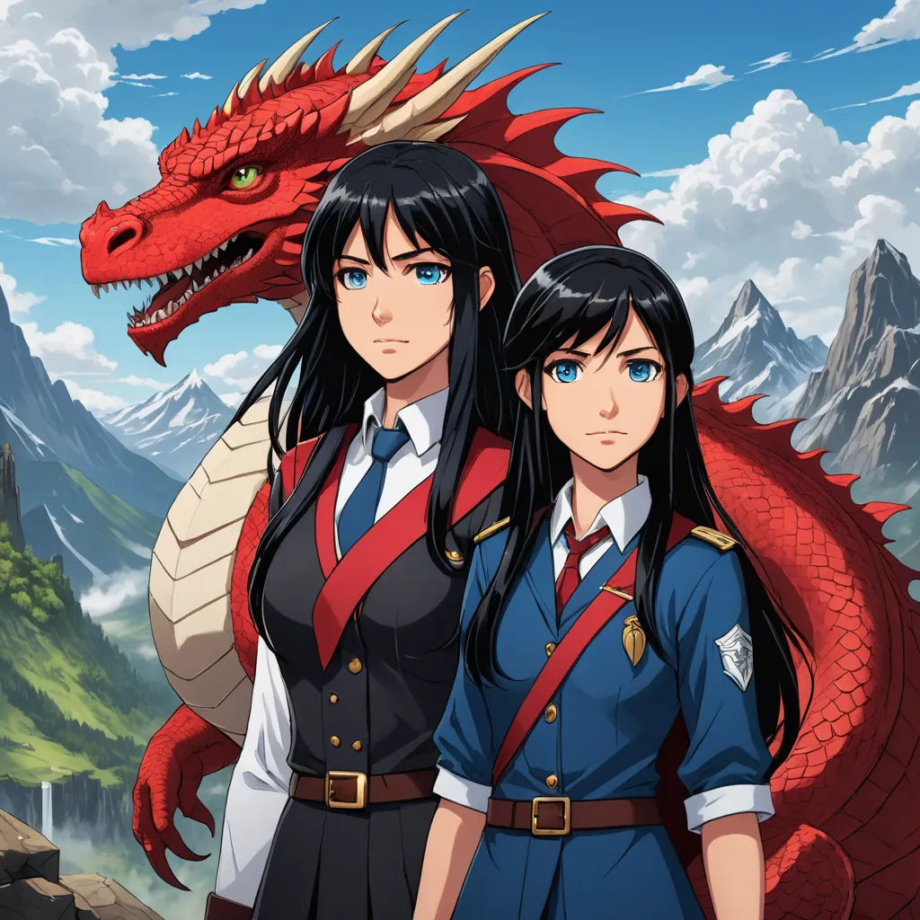 two girls in uniform standing next to a dragon on a mountain side with a sky background and clouds in the background, sots art, a character portrait, Cedric Seaut (Keos Masons), official art