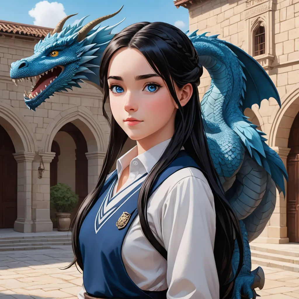 a woman with a dragon on her head and a blue dragon on her shoulder, standing in front of a building, fantasy art, a character portrait, Artgerm, dragon art