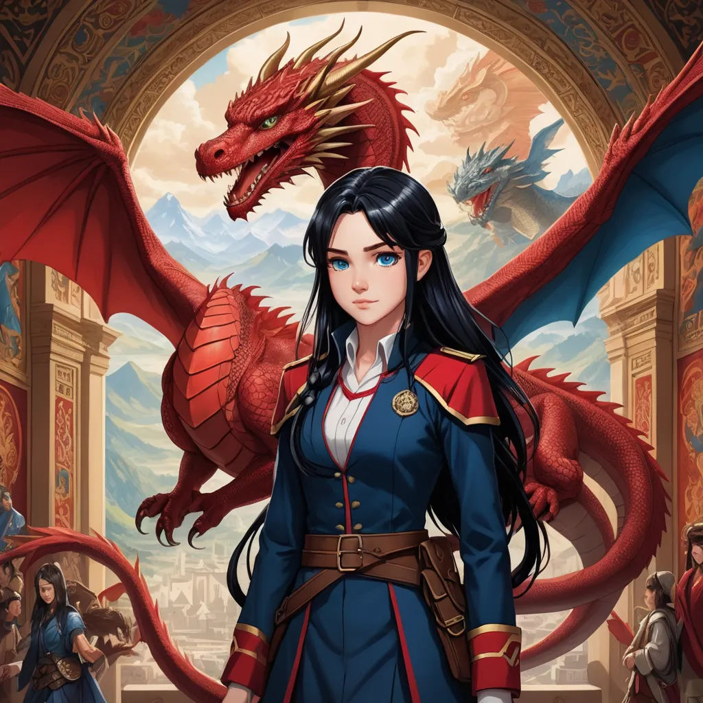 a woman in a blue dress standing next to a red dragon on a building with a sky background and a red dragon on the wall, fantasy art, a character portrait, Anne Stokes, epic fantasy character art