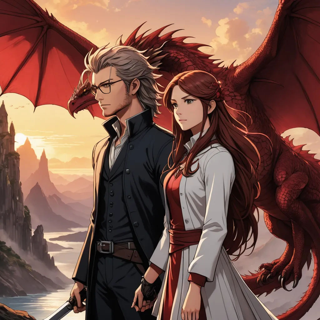 a man and a woman standing next to each other with a dragon on their shoulder and a mountain in the background, fantasy art, poster art, Cedric Seaut (Keos Masons), official art