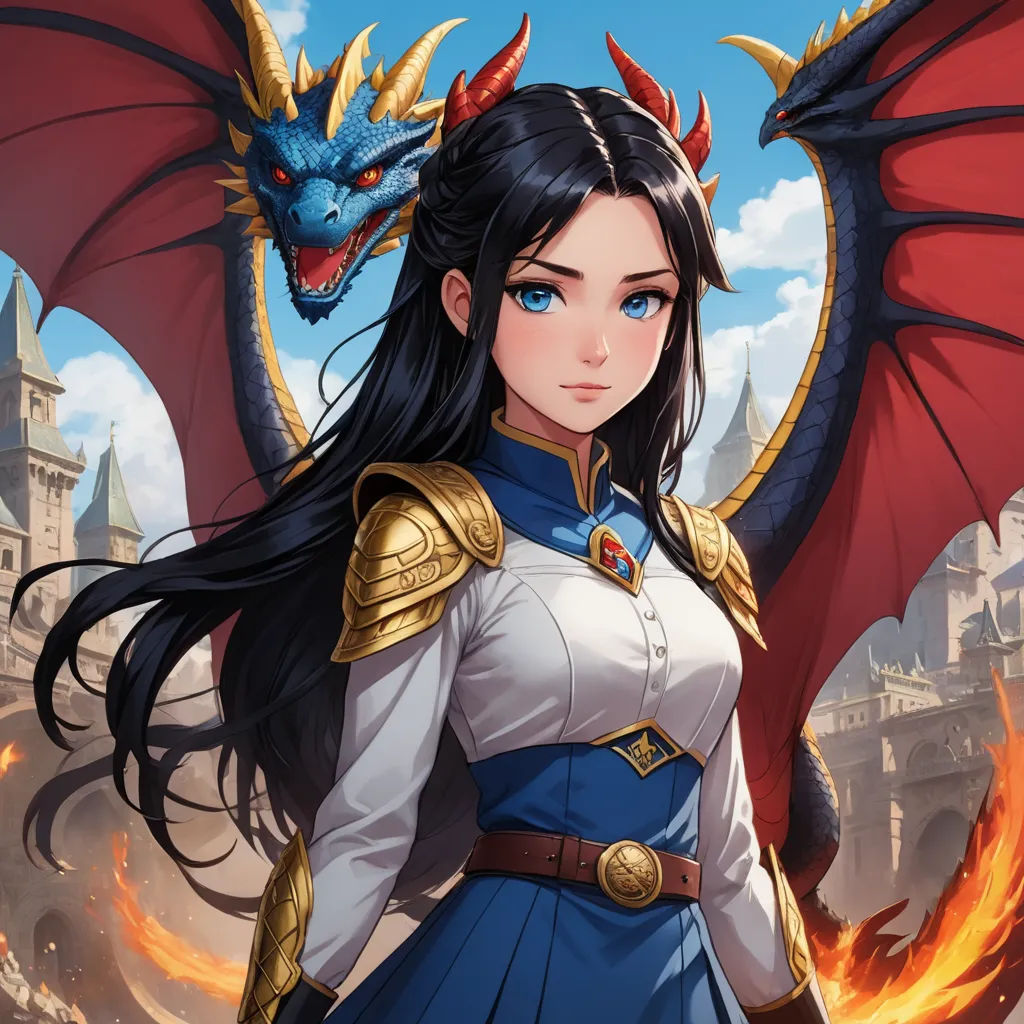 a woman in a blue dress with a dragon on her shoulder and a red dragon on her shoulder, standing in front of a castle, fantasy art, a character portrait, Artgerm, dragon art
