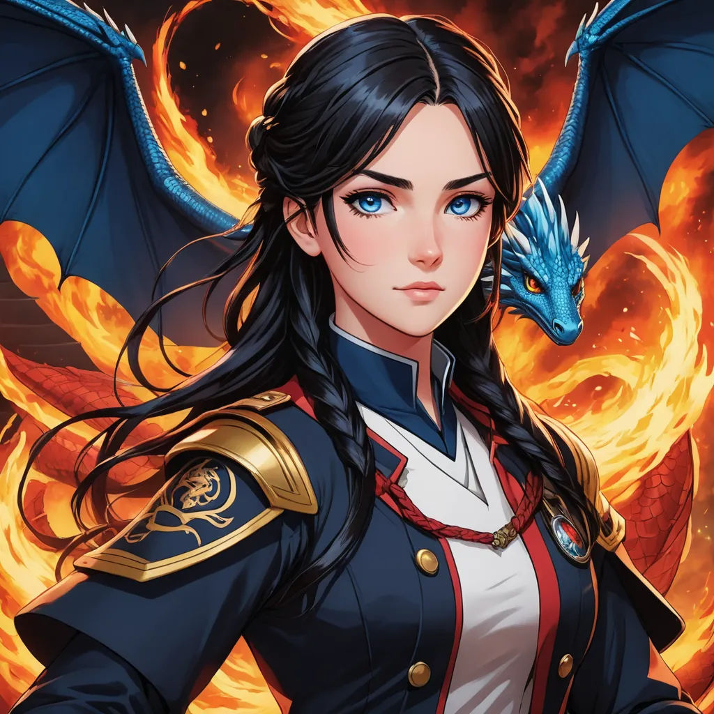 a woman in a uniform with a dragon on her shoulder and a blue dragon on her shoulder, in front of a fire background, fantasy art, a character portrait, Artgerm, stanley artgerm lau