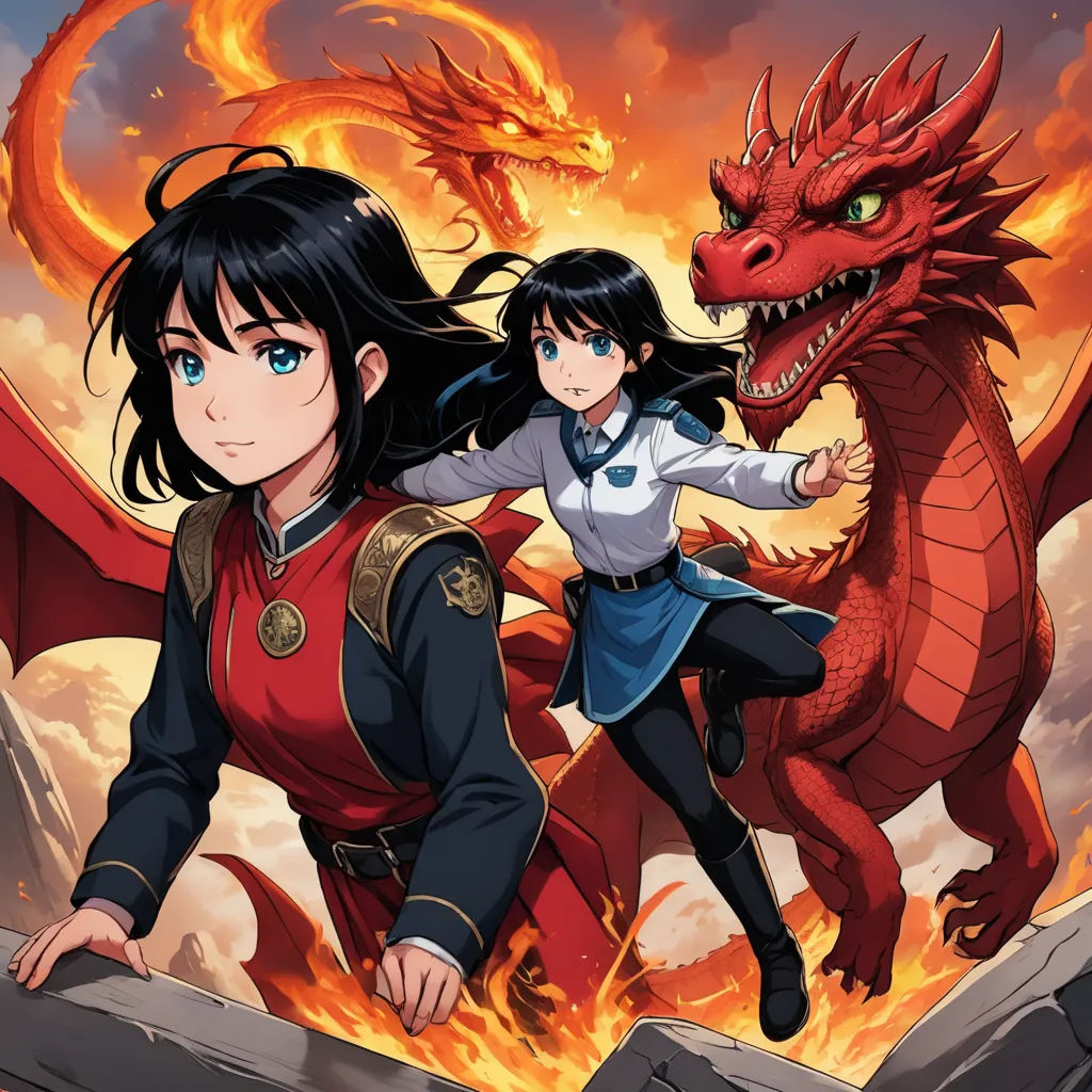 a girl and a dragon are standing next to each other in front of a fire dragon and a woman, fantasy art, poster art, Ada Gladys Killins, official art