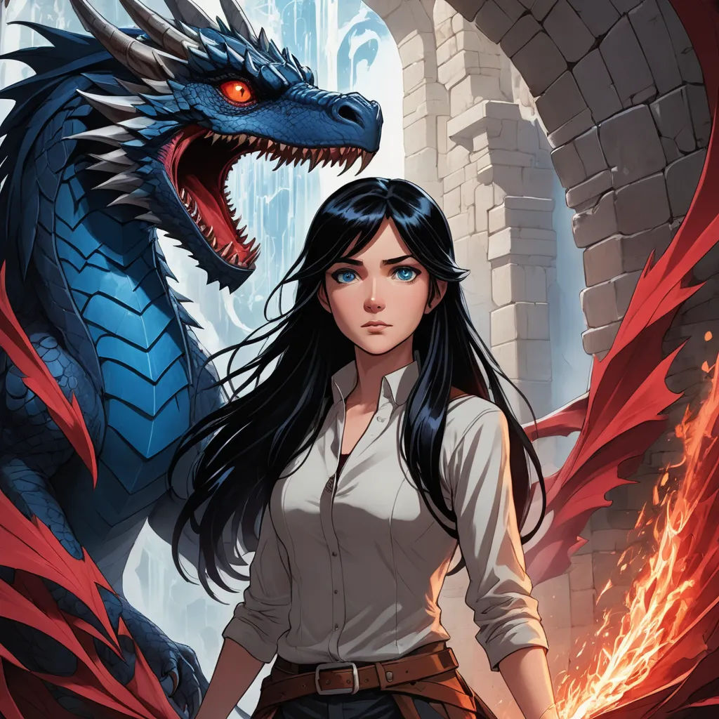 a woman standing next to a dragon on a wall with a castle in the background and a red dragon on the wall, fantasy art, poster art, Cedric Peyravernay, comic cover art