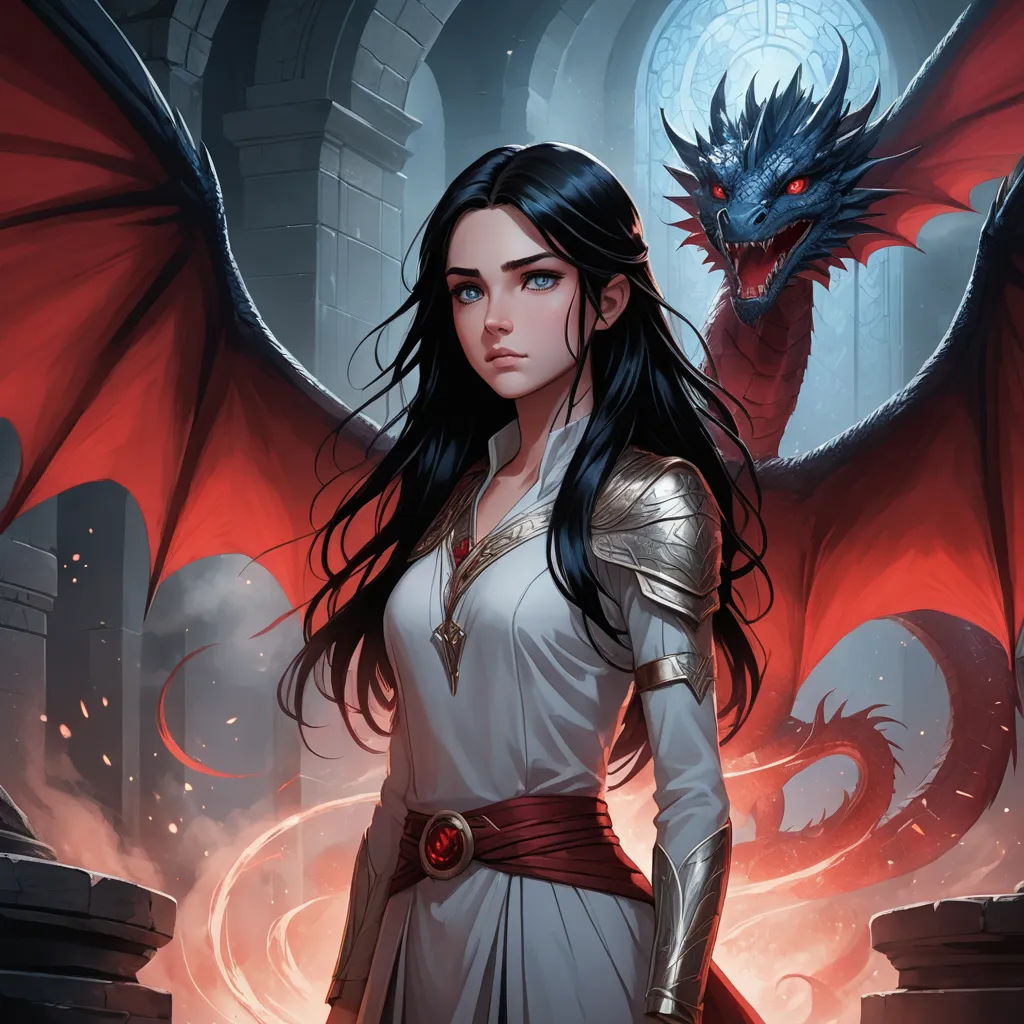 a woman in a white dress with a dragon on her shoulder and a red dragon on her shoulder, standing in front of a castle, fantasy art, concept art, Clint Cearley, epic fantasy character art